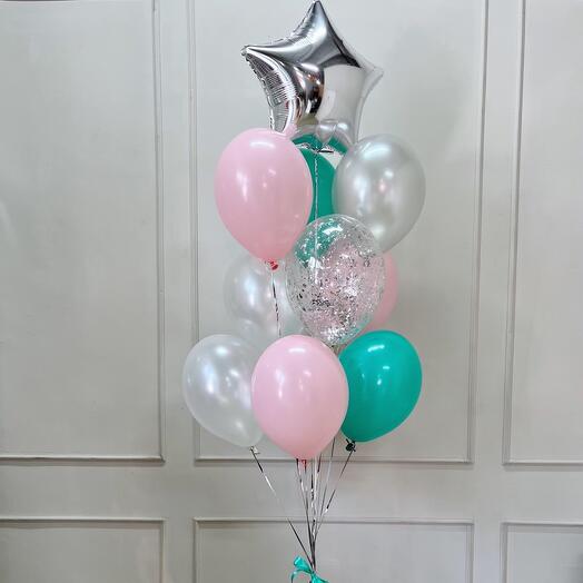 Набор шаров с гелием 10 шт, розовый, мятный, серебро