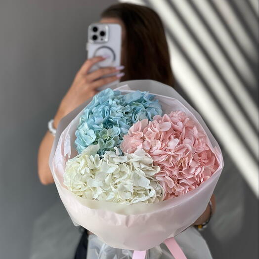 3.Magnificent bouquet with hydrangeas: pink, blue, white