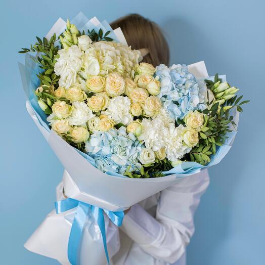 Bouquet with peony-shaped bush roses, white and blue Hydrangeas and Pistachios