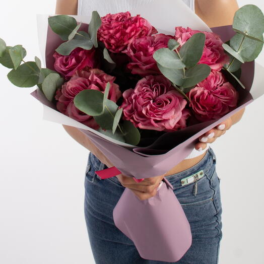 Bouquet of Purple roses with eucalyptus