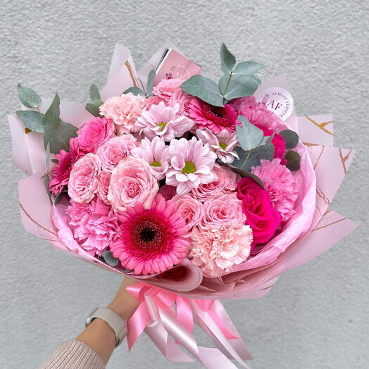 Pink bouquet mix flowers with eucalyptus, Flowers & Gifts Prague