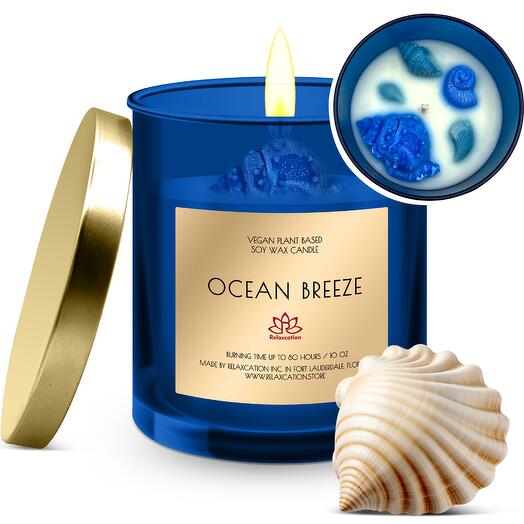 Luxury Soy Wax Candle in Big Glass Jar "Ocean Breeze" Scented Fresh and Clean 10oz
