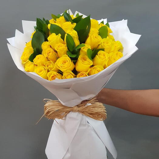 Golden Sunbeam Elegance: 30 Yellow Roses   Seasonal Greens