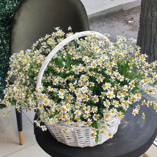 A basket of flowers made of daisies