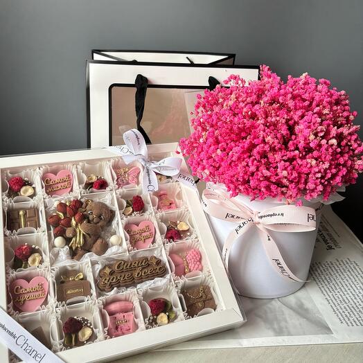 Combo set with chocolate and gypsophila stabilized
