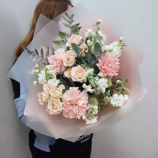 Bouquet with Rose bushes, matiolla, dianthus
