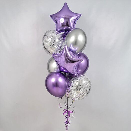 Fountain of purple and silver birthday balls, balls for mom, for dad, for girlfriend, for daughter, for man