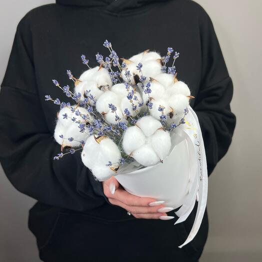 Cotton and lavender in a box