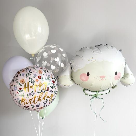 Шар овечка и фонтан шаров Happy Birthday