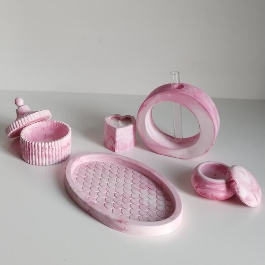 Set of plaster "Pink clouds: a vase, two caskets, a stand for jewelry, a candle with coconut wax