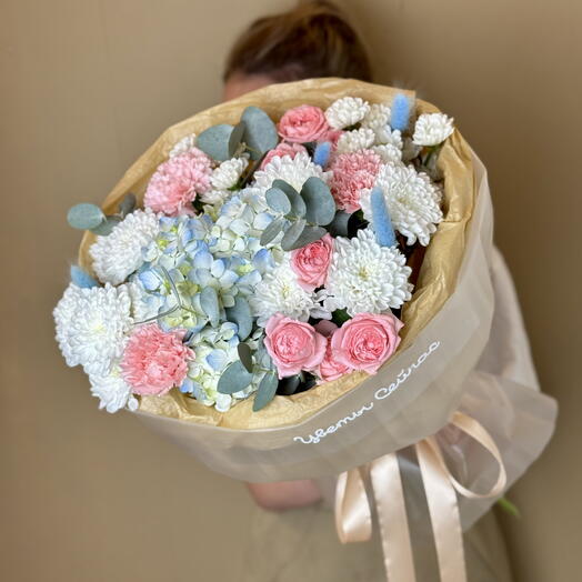 The author's bouquet in a gray package
