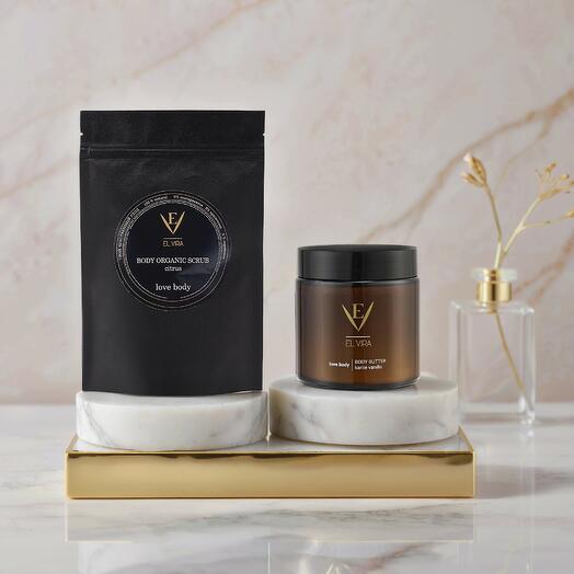 Подарочный набор косметики для тела ELVIRA крем баттер и скраб для тела в подарочном фирменном  пакете