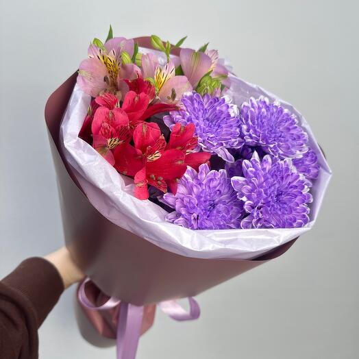 Клюква 💗 букет комплимент для настроения с хризантемой и альстромерией
