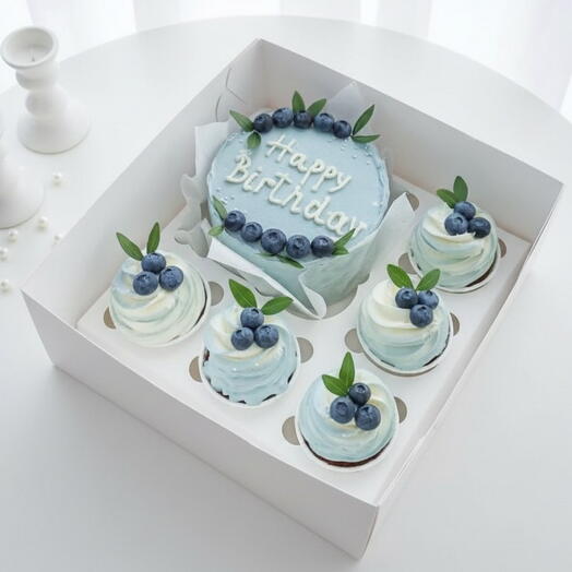 Бенто-бокс Happy Birthday: торт и 5 капкейков с голубикой
