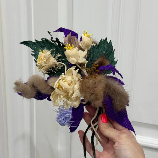 Брошь из кожи,текстиля и меха «BOUQUET DI COLORE L»