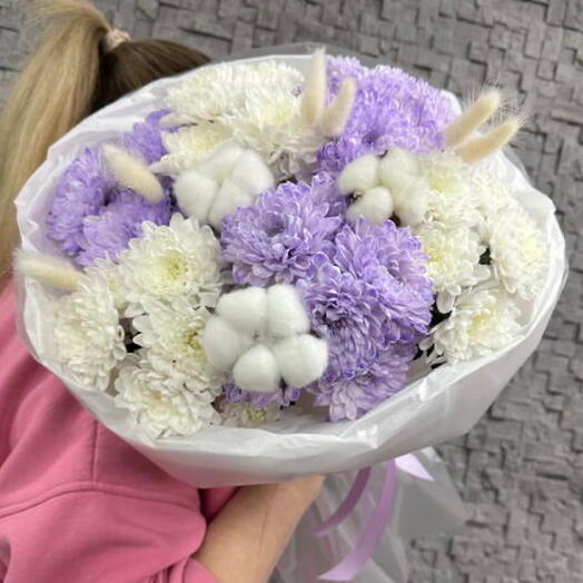 Букет зефир🎂 с сиреневой хризантемой и хлопком
