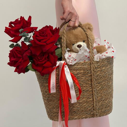 Набор Комбо️❣️Моей Любимой❣️Красные розы 🌹и плюшевый медвежонок🧸 в джутовой корзине