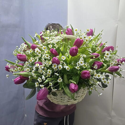 Тюльпан  ромашка кустовая в корзине
