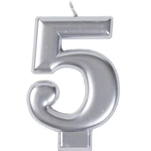 Свеча для торта Цифра 5 (8 см), серебро