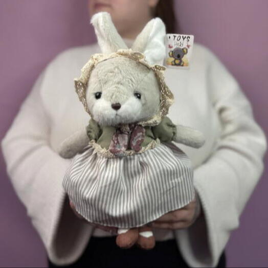 Заяц плюшевый в платье и косынкой