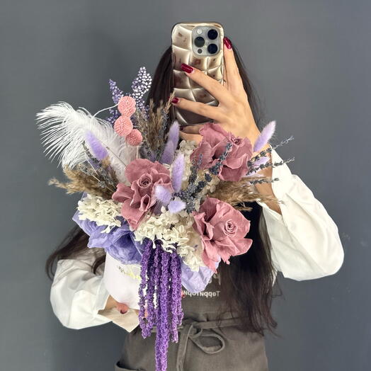 Композиция из сухоцветов💐 Стабилизированная белая Гортензия и Француская Роза