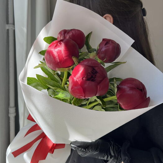 Букет из 5 бордовых пионов. Роскошный стиль