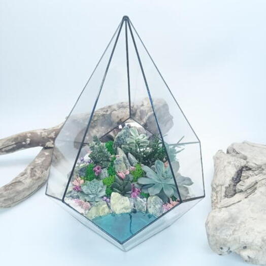 Florarium with succulents "Velvet tenderness" with lake Drop 26x35cm