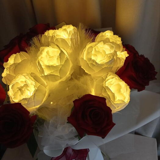 Bouquet "Magic" 11 Roses Ecuador and 9 Peony with led lights. Combo luxury style in textile design