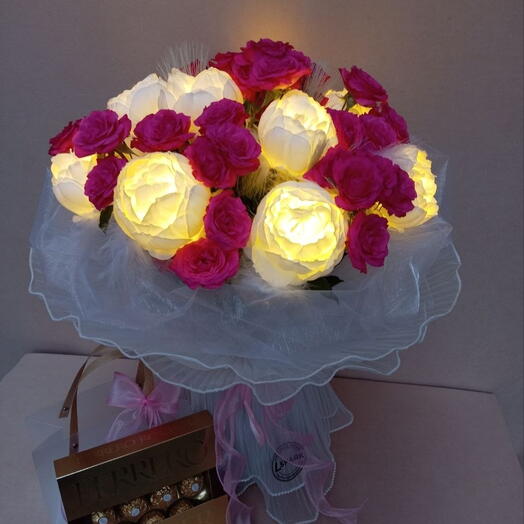 Glowing magic combo bouquet featuring fresh roses, glowing peonies, and sweets