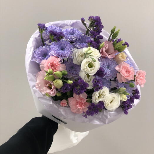 💜Милый лавандовый букет Bloom room, статица, Эустома, диантус, хризантема