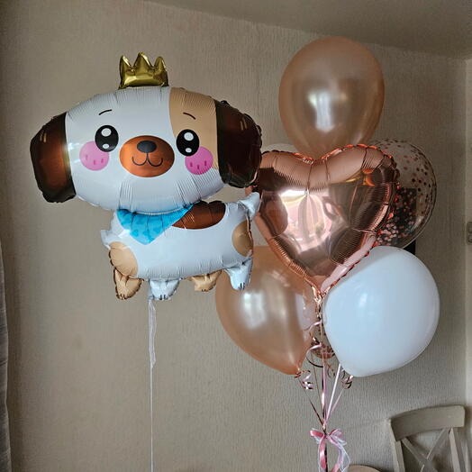 Фонтан из белых шаров,розовое золото и собачка,щенок-8шаров