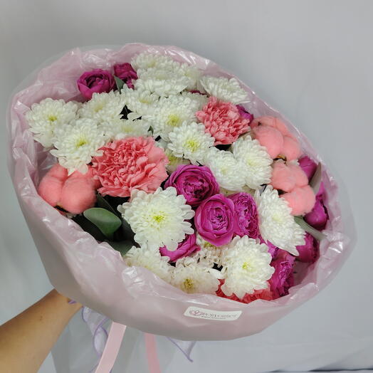🌸Букет "PERVOЦВЕТ" из хризантем, пионовидных кустовых роз, диантусов, хлопка и зелени