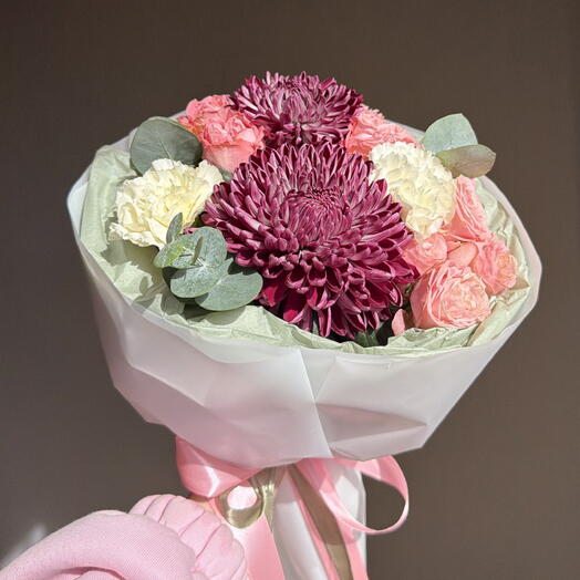 Букет из кустовой розы и хризантем бигуди 💐🍬💕