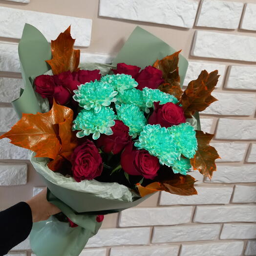 Авторский букет/ осенние краски/ хризантема кустовая/ роза Кенийская/ листья дуба/ цветы Уфа/ доставка цветов Уфа