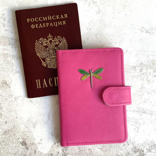 Обложка на паспорт «Стрекоза» на кнопке из экокожи ручной работы