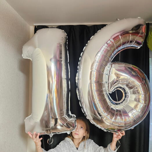 Шар цифра 16 серебряная с гелием-2 шара