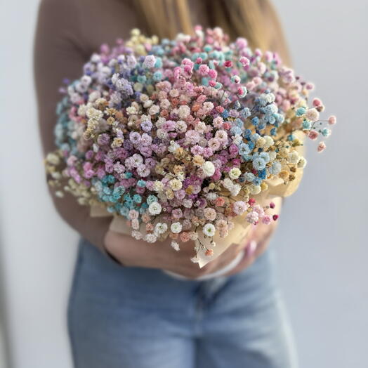 Цветы в коробке, радужное облако из гипсофилы