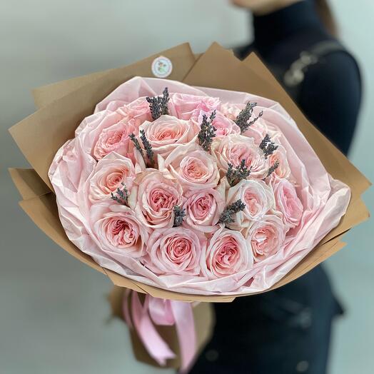 A delicate bouquet of fragrant Pink O'Hara roses with lavender sprigs