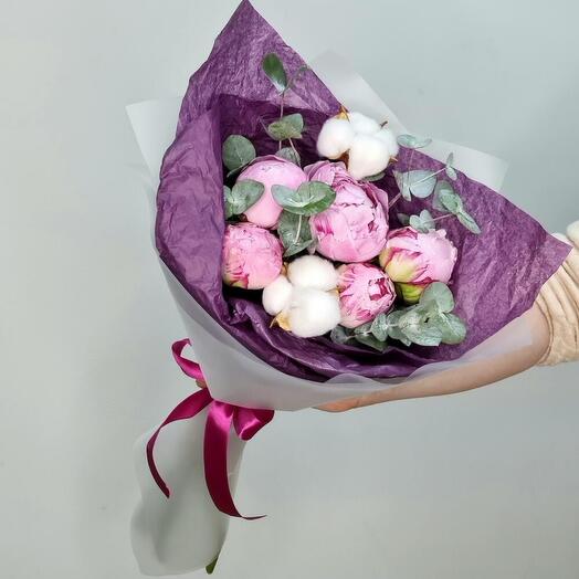 Peonies with cotton