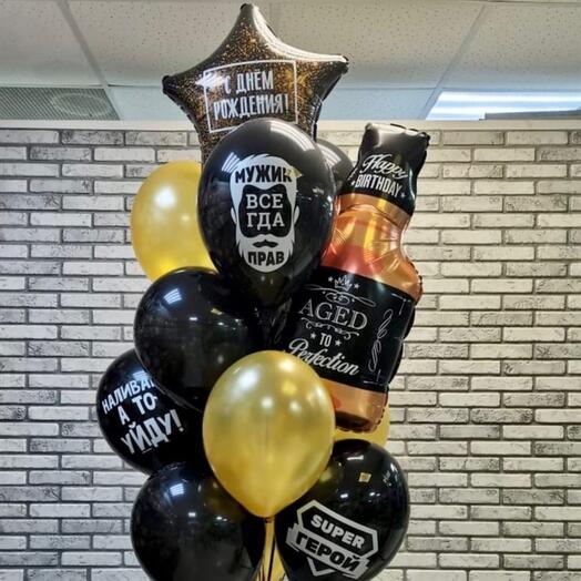 Fountain of 13 balls "Happy Birthday" for a man with a bottle of whiskey