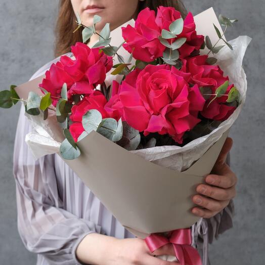 Bright monobucket of French roses Gotcha with eucalyptus