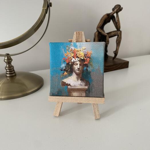 Мини мольберт с изображением мужского бюста с цветами стилизованное под масло