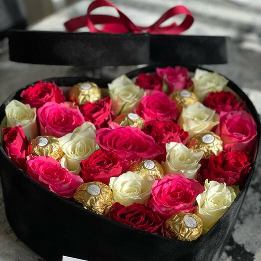 Luxury velvet box with roses and Ferrero Rocher
