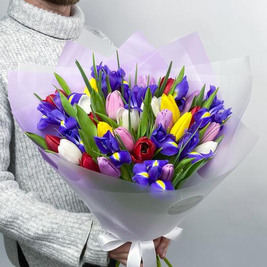 Bright bouquet of tulips mixed with blue irises (size L)