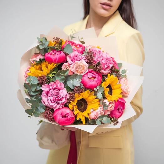 Bouquet with sunflowers and peonies