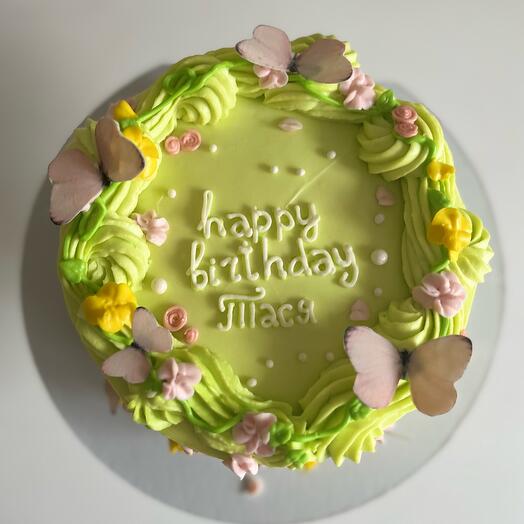 Торт «Happy birthday с бабочками в стиле Ламбет