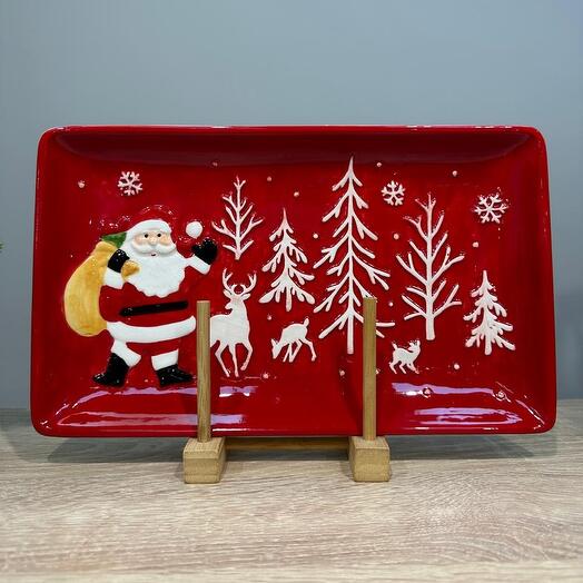 Блюдо Рождественский Сочельник керамика красное 32х19 см