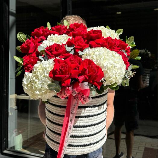 Red French Roses and Hydrangeas