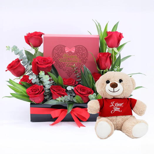 Valentine Red Roses and Chocolate Arrangement with I Love You Teddy