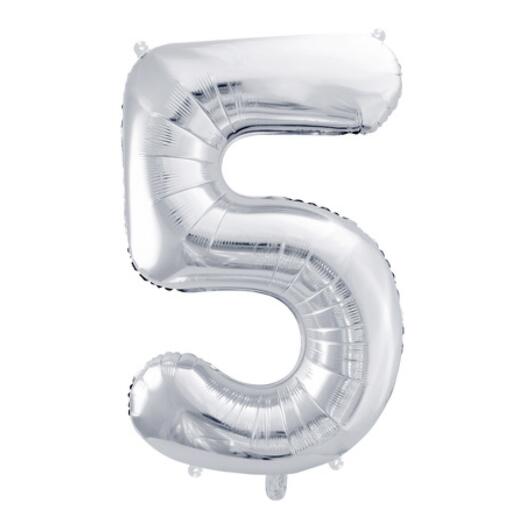 Srebrny foliowy balon w kształcie cyfry 5